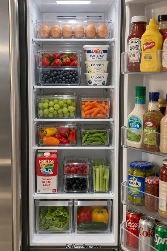 Narrow side-by-side refrigerator with slim produce containers and interior milk storage