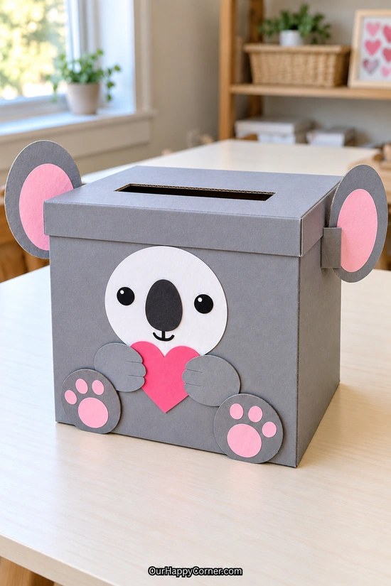 Gray koala shoebox with pink ear centers