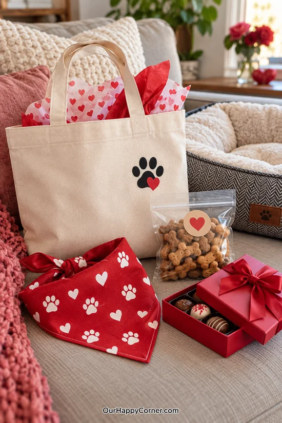 Dog lover gift with a tote, bandana, dog treats, and separate chocolates