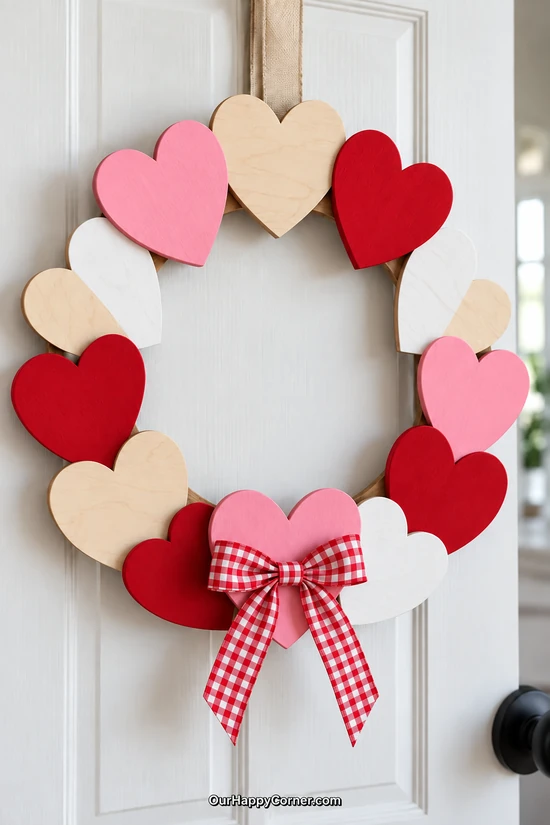 Circular wooden heart wreath in natural birch, pink, red, and white with a gingham bow