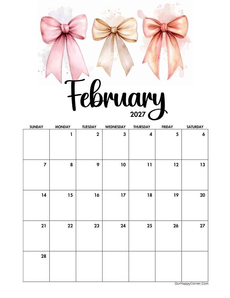 Ribbons decorated February 2027 calendar printable