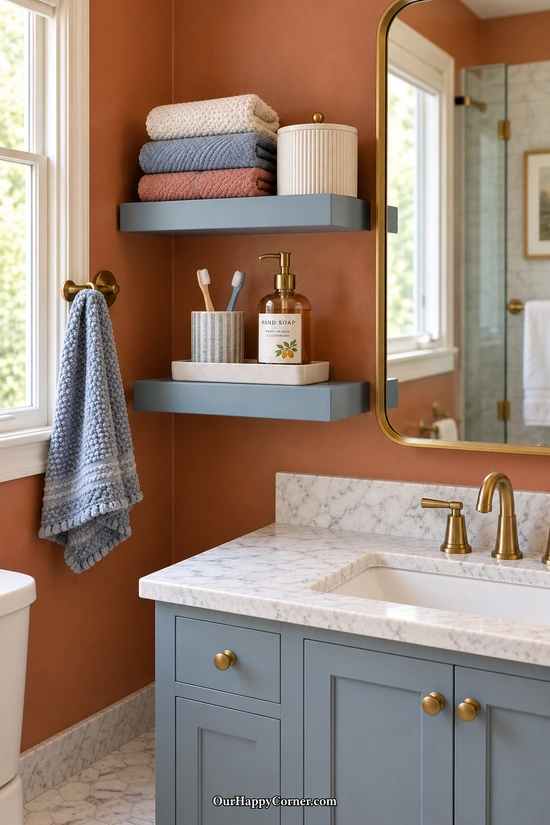 Bathroom organization with blue shelves beside a mirror on a terracotta wall