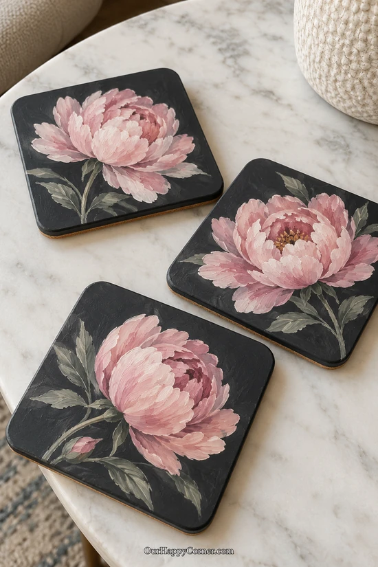 Peony coaster painting ideas featuring pink blooms on charcoal squares