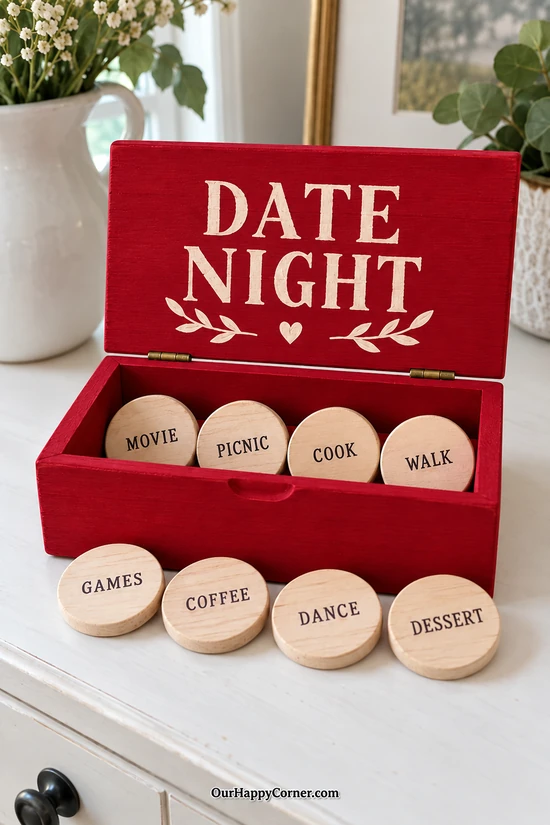 Cherry red wooden Date Night box with eight labeled natural wood activity tokens