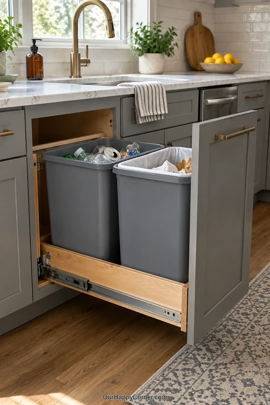 Trash and recycling bins inside a pull-out kitchen cabinet