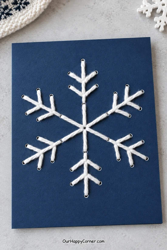 White yarn laced snowflake on navy cardstock winter crafts for kids