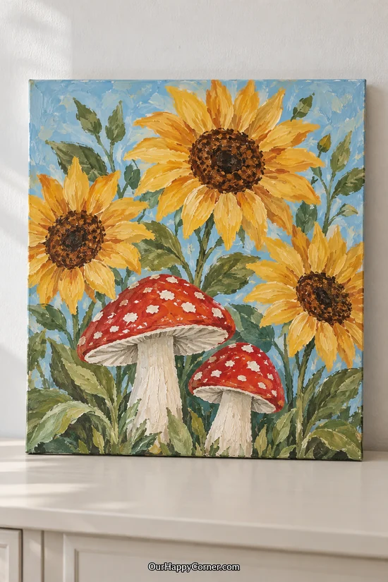 Mushroom painting ideas featuring red toadstools beneath yellow sunflowers and green leaves
