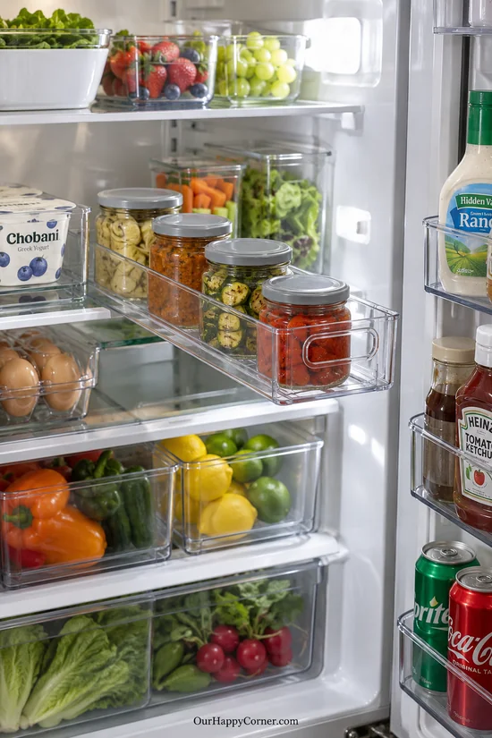 Long handled refrigerator bin holding small sealed jars of prepared food