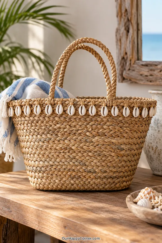 Seashell crafts for adults featuring cowrie-trimmed woven basket