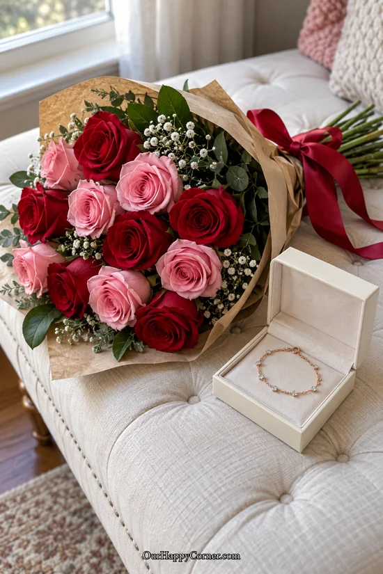 Red and pink roses beside a boxed delicate bracelet