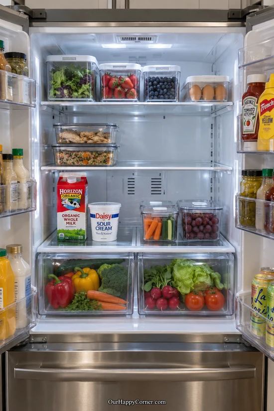 Organized French-door refrigerator with a clear section of the middle shelf
