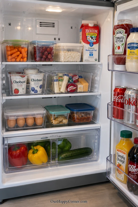 Budget refrigerator layout with mixed lidded containers and inexpensive snack bins
