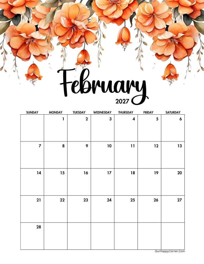 Orange floral February calendar printable