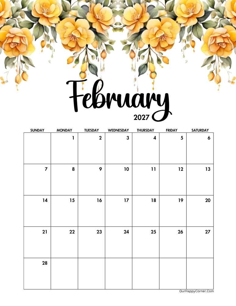Yellow floral February calendar