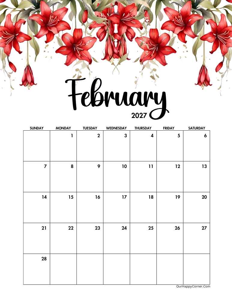 Red floral February calendar