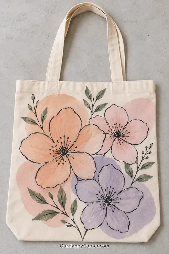 Peach, blush and lavender outlined flowers with soft color patches and sage leaves. tote bag painting
