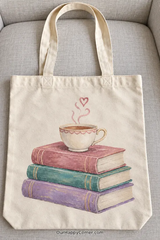 A stack of three pastel books topped by a steaming teacup with heart-shaped steam.