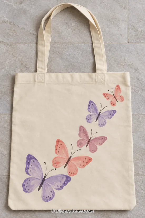 Pink, peach and lavender butterflies traveling diagonally across the front of a tote.