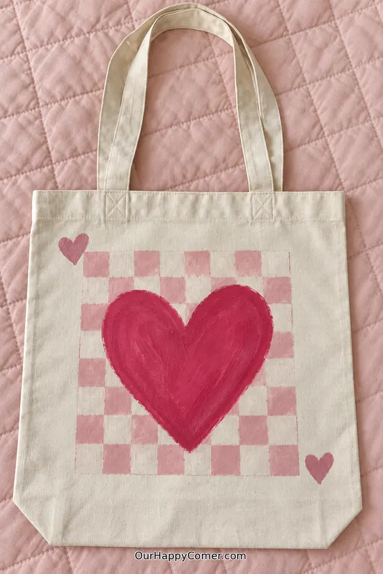 A large rosy pink heart over a hand-painted pink checkerboard with two smaller hearts tote bag painting