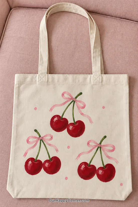 Three pairs of rich red cherries topped with pink bows and scattered dots.