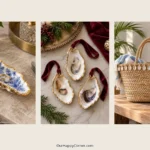 Seashell crafts for adults with a botanical dish, oyster ornaments, and woven basket