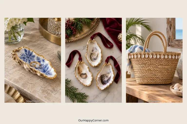 Seashell crafts for adults with a botanical dish, oyster ornaments, and woven basket