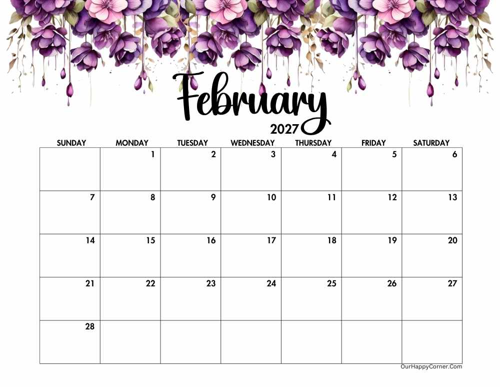 Purple watercolor February 2027 calendar printable
