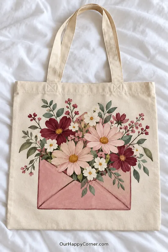 Blush and burgundy flowers emerging from a hand-painted dusty pink envelope.