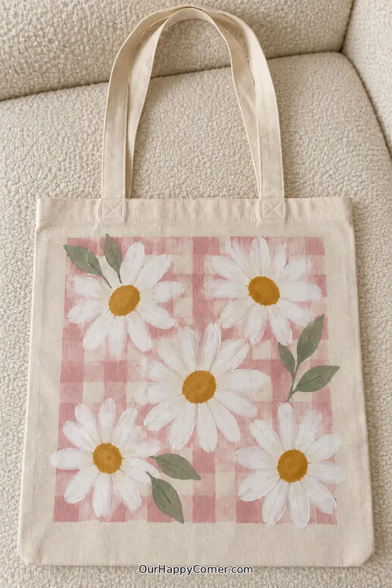 White daisies and sage leaves painted over a soft pink gingham square.