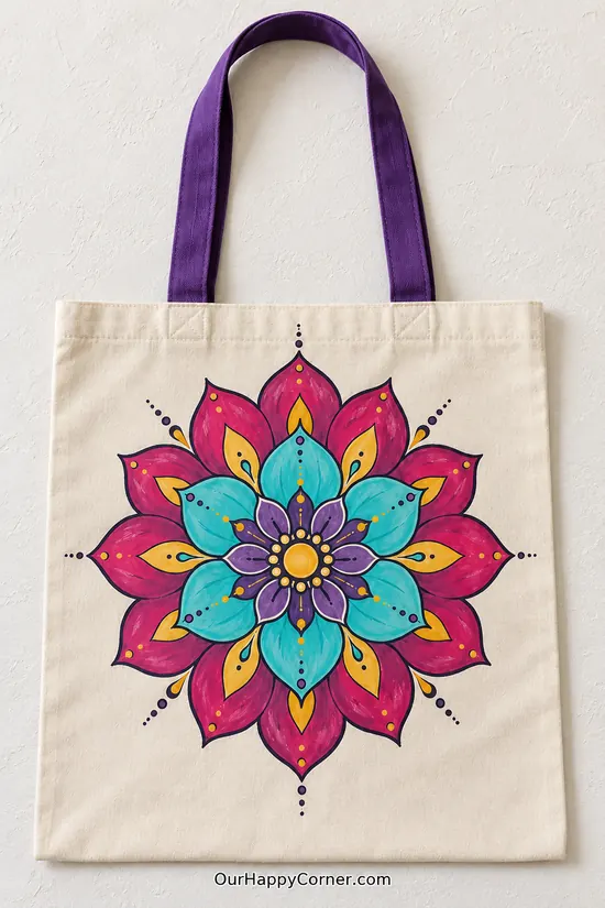 A symmetrical fuchsia, turquoise, purple and gold floral mandala with purple tote straps.