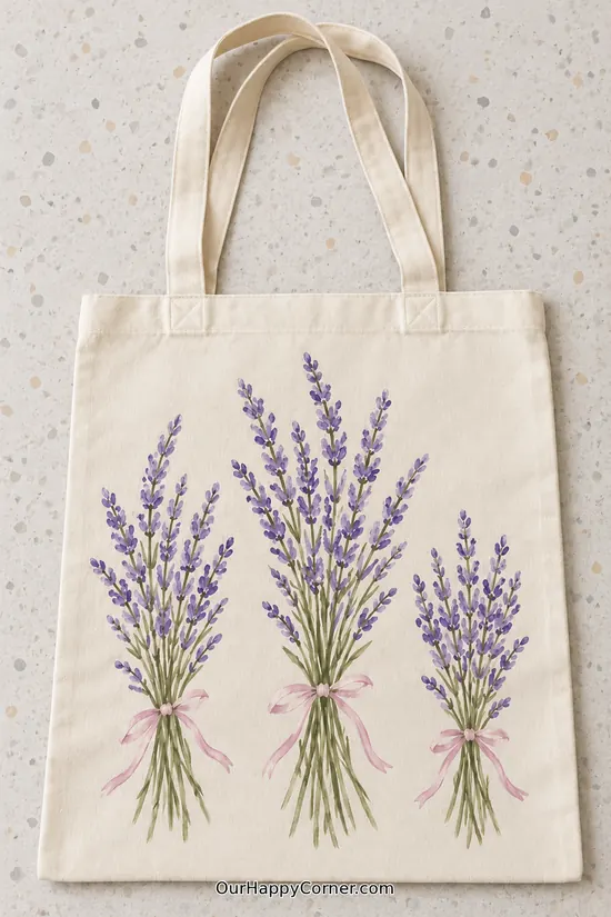 Three lavender bouquets tied with delicate pastel pink ribbons tote bag painting