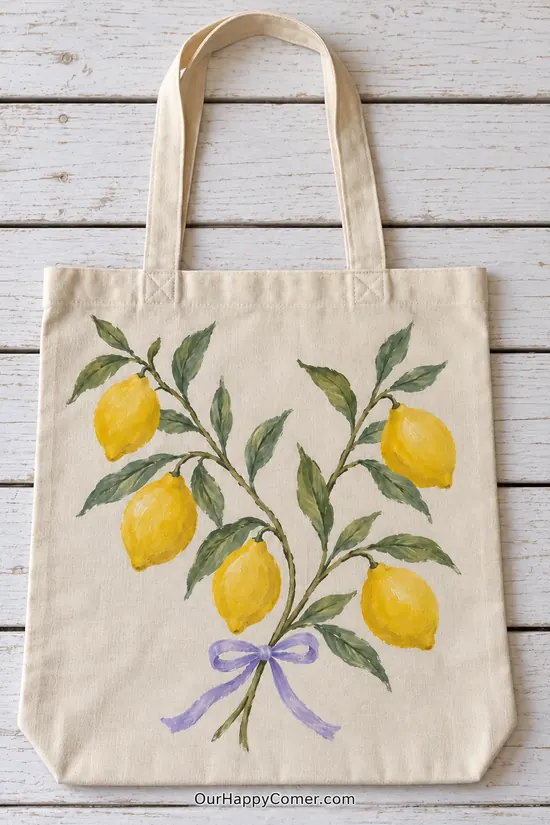 Five yellow lemons arranged on leafy branches tied with a lavender bow.