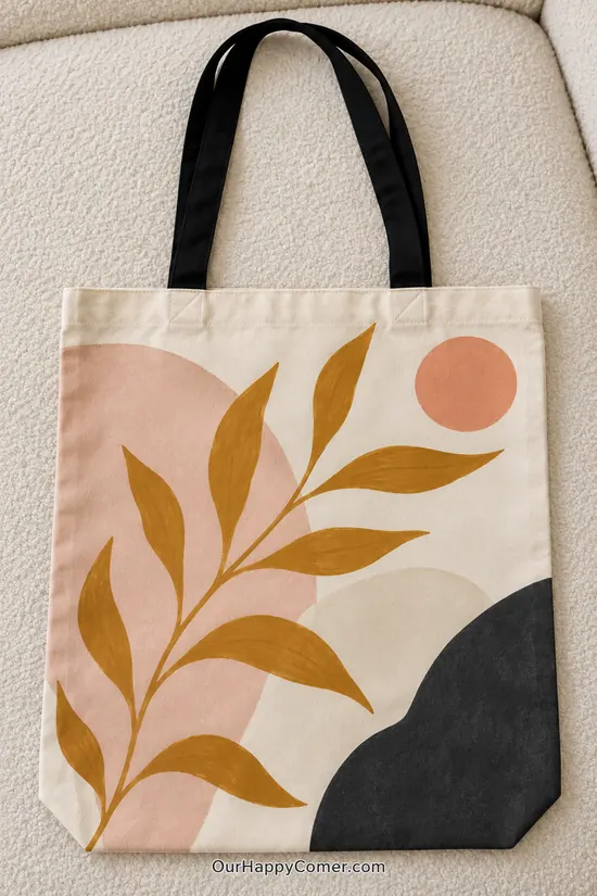 Mustard leaves layered over blush, cream and charcoal abstract shapes on a black-strapped tote.