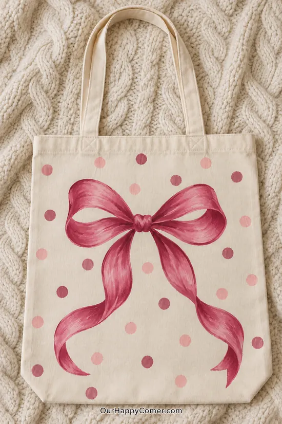 A large shaded rose-pink ribbon bow surrounded by pink polka dots tote bag painting