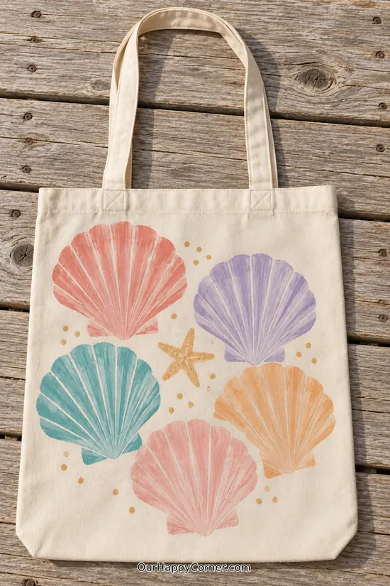 Five pastel scallop shells, a small starfish and scattered golden dots tote bag painting