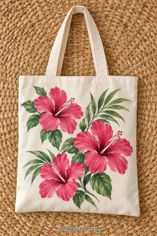 Three large pink hibiscus flowers with tropical foliage on a cream canvas bag.