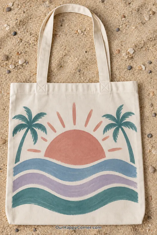 A warm pink sun, teal palm trees and layered blue, lavender and green waves.