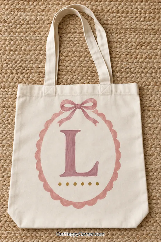 A dusty rose letter L inside a scalloped oval with a painted bow and gold dots.