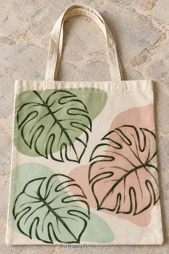 Three dark green monstera outlines layered over sage, mint and blush color patches.