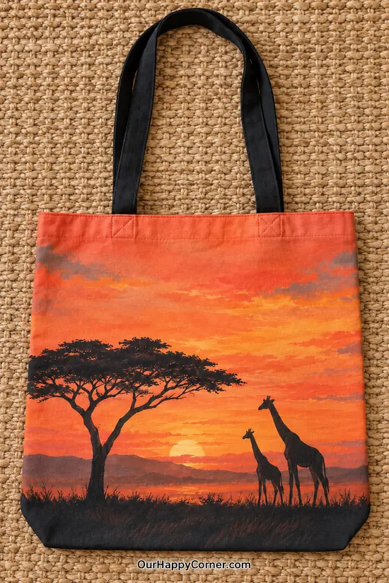 An orange savanna sunset with an acacia silhouette and two giraffes on a tote with black straps.