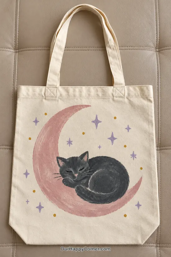 A charcoal cat curled inside a dusty pink crescent surrounded by lilac stars.