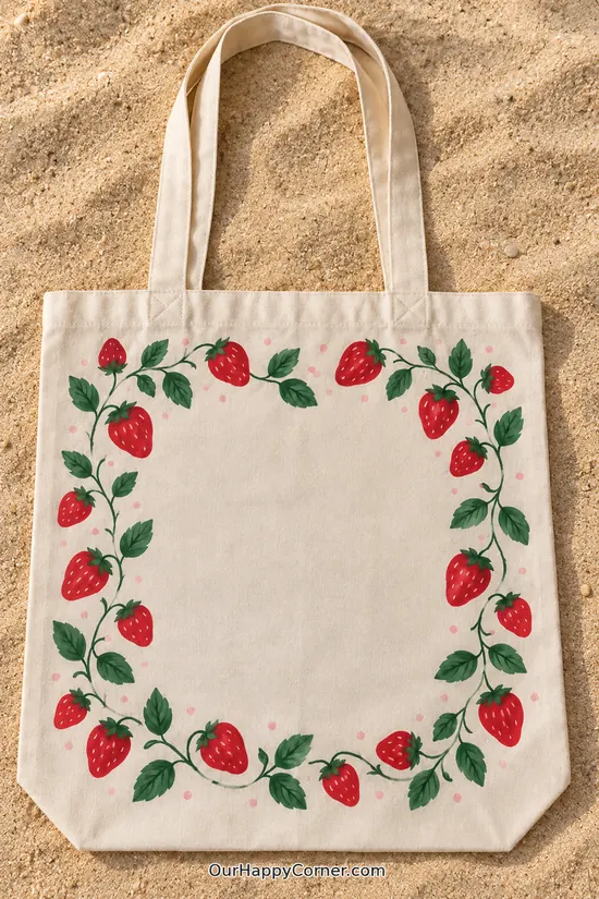 A frame of red strawberries, winding green vines and little pink dots.