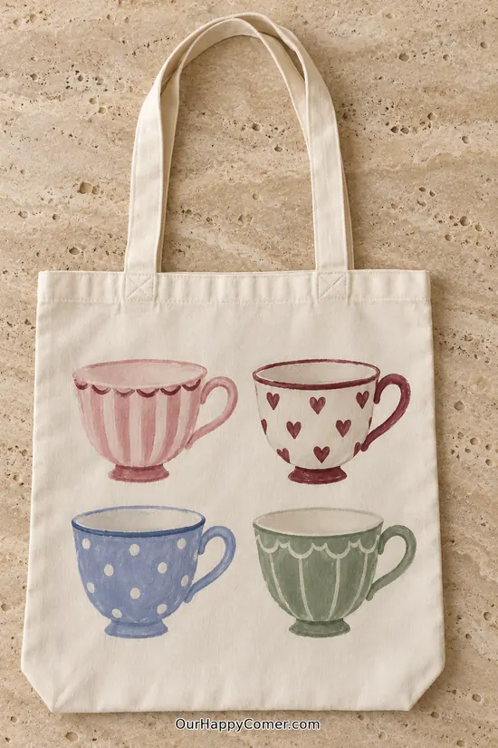 Four patterned teacups in pink, burgundy, blue and sage tote bag painting