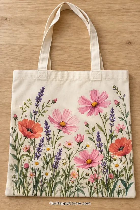 A meadow of pink cosmos, coral poppies, lavender and white daisies painted across a canvas tote bag painting
